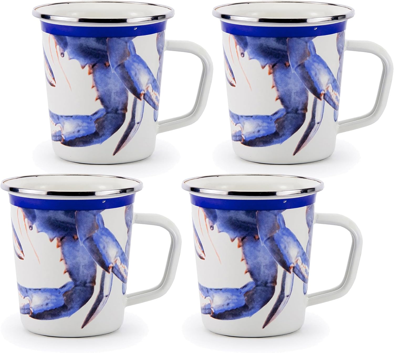 Golden Rabbit Enamelware Latte Coffee or Tea Mugs, 16 ounce, Blue Crab, Set of 4