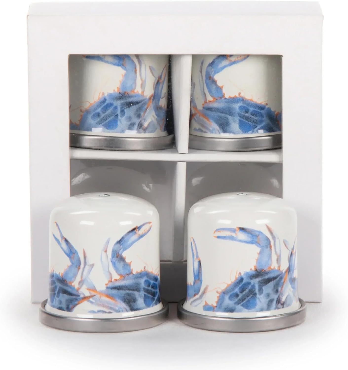 Golden Rabbit Enamelware Salt and Pepper Shakers, 2 Sets in Gift Box, Blue Crab