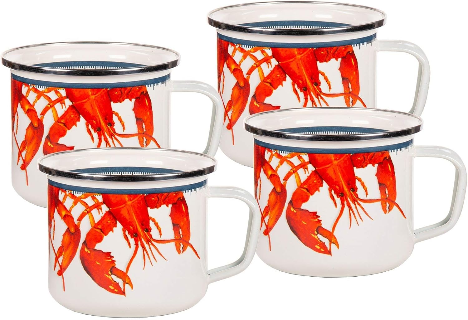 Golden Rabbit Enamelware Grande Coffee or Tea Mugs, 24 ounce, Lobster, Set of 4