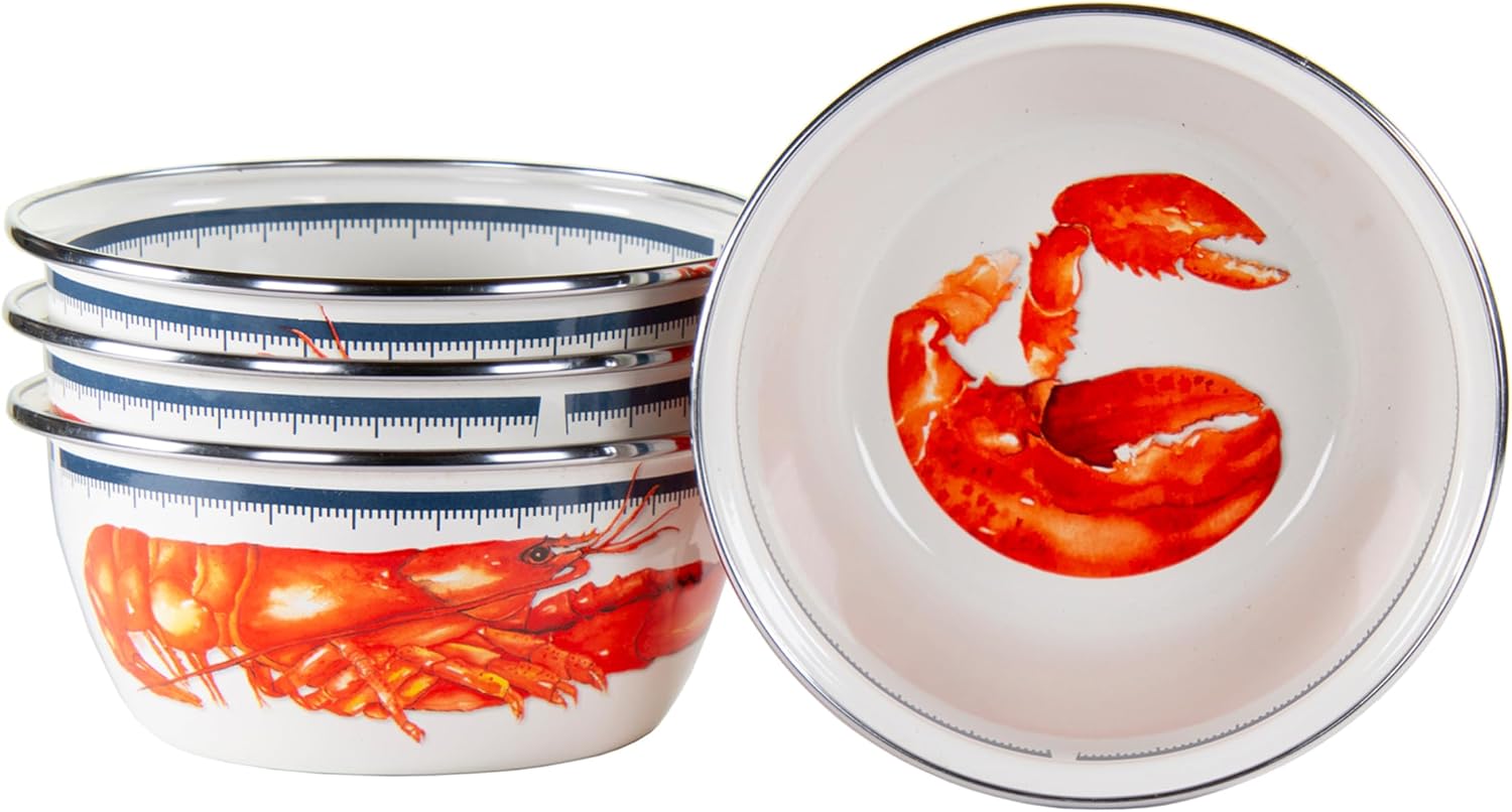 Golden Rabbit Enamelware Salad Bowls, 24 ounce, Lobster, Set of 4
