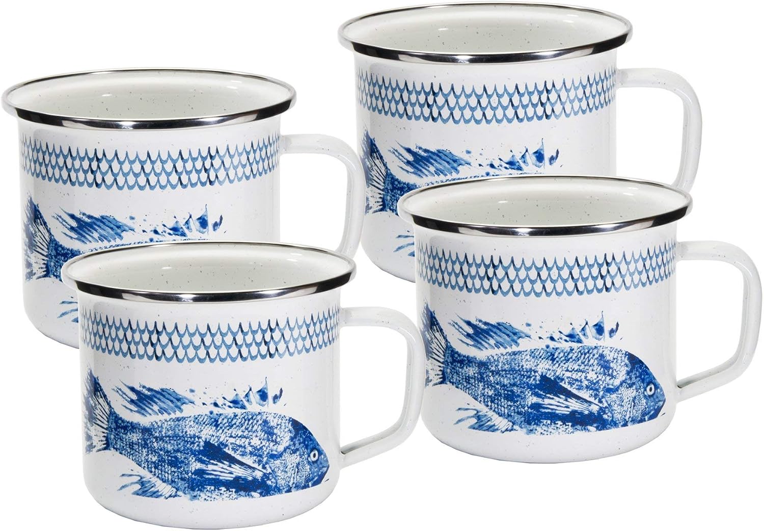 Golden Rabbit Enamelware Grande Coffee or Tea Mugs, 24 ounce, Fish Camp, Set of 4
