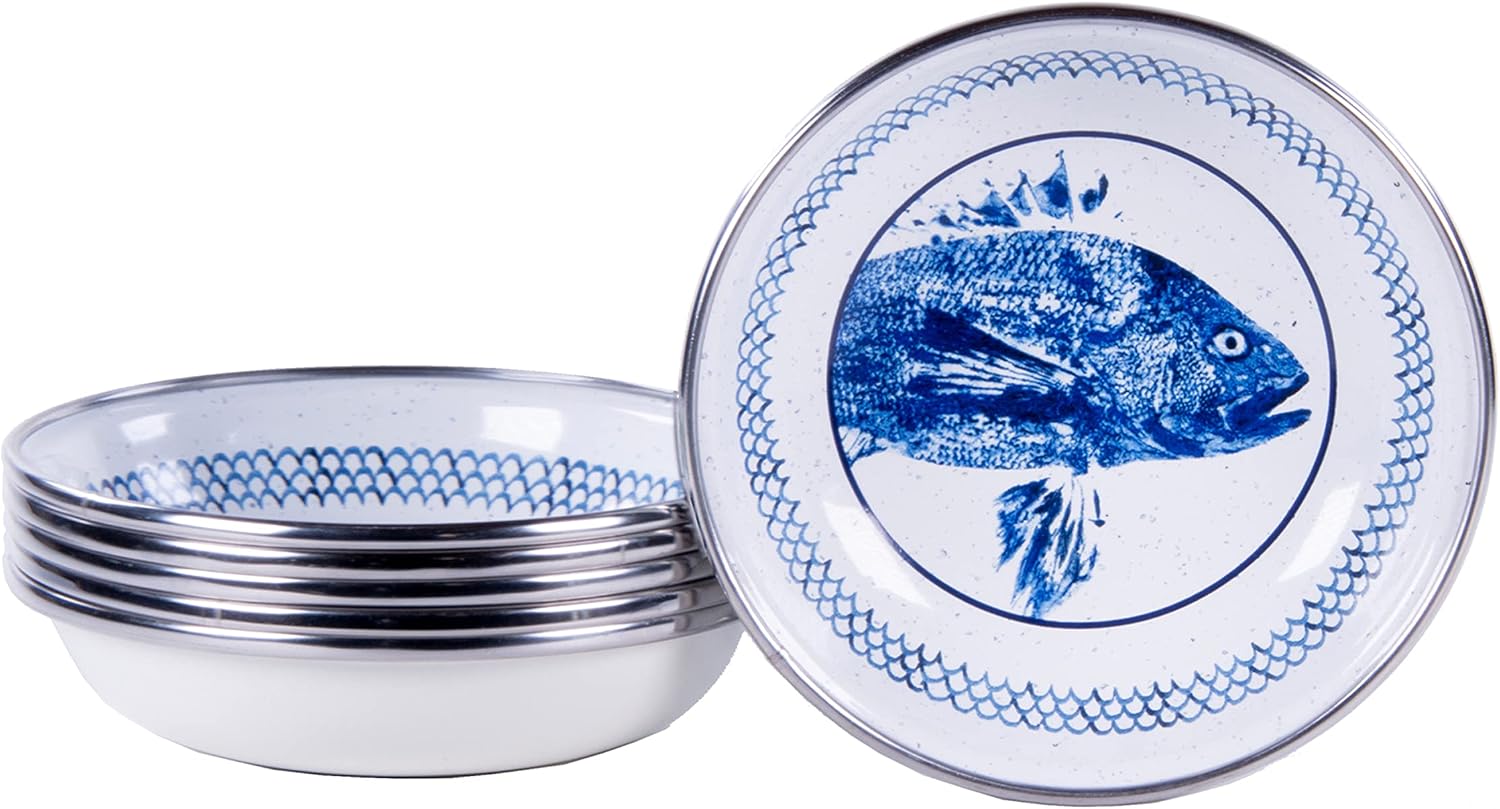 Golden Rabbit Enamelware Tasting Dish Bowls, 4 ounce, Fish Camp, Set of 6