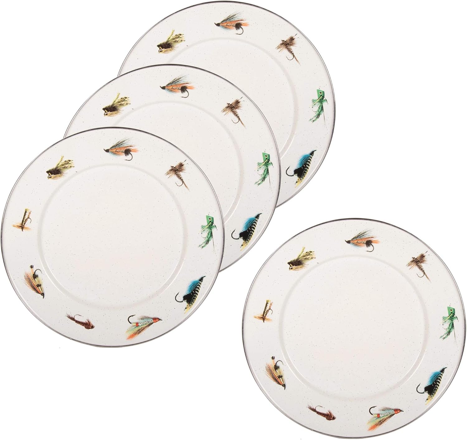 Golden Rabbit Enamelware Dinner Plates, 10.5 inch, Fishing Fly, Set of 4