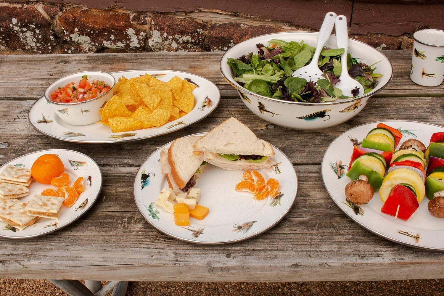 Golden Rabbit Enamelware Dinner Plates, 10.5 inch, Fishing Fly, Set of 4