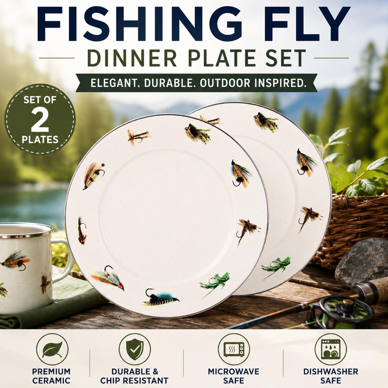 Golden Rabbit Enamelware Chargers, 12.5 inch, Fishing Fly, Set of 2