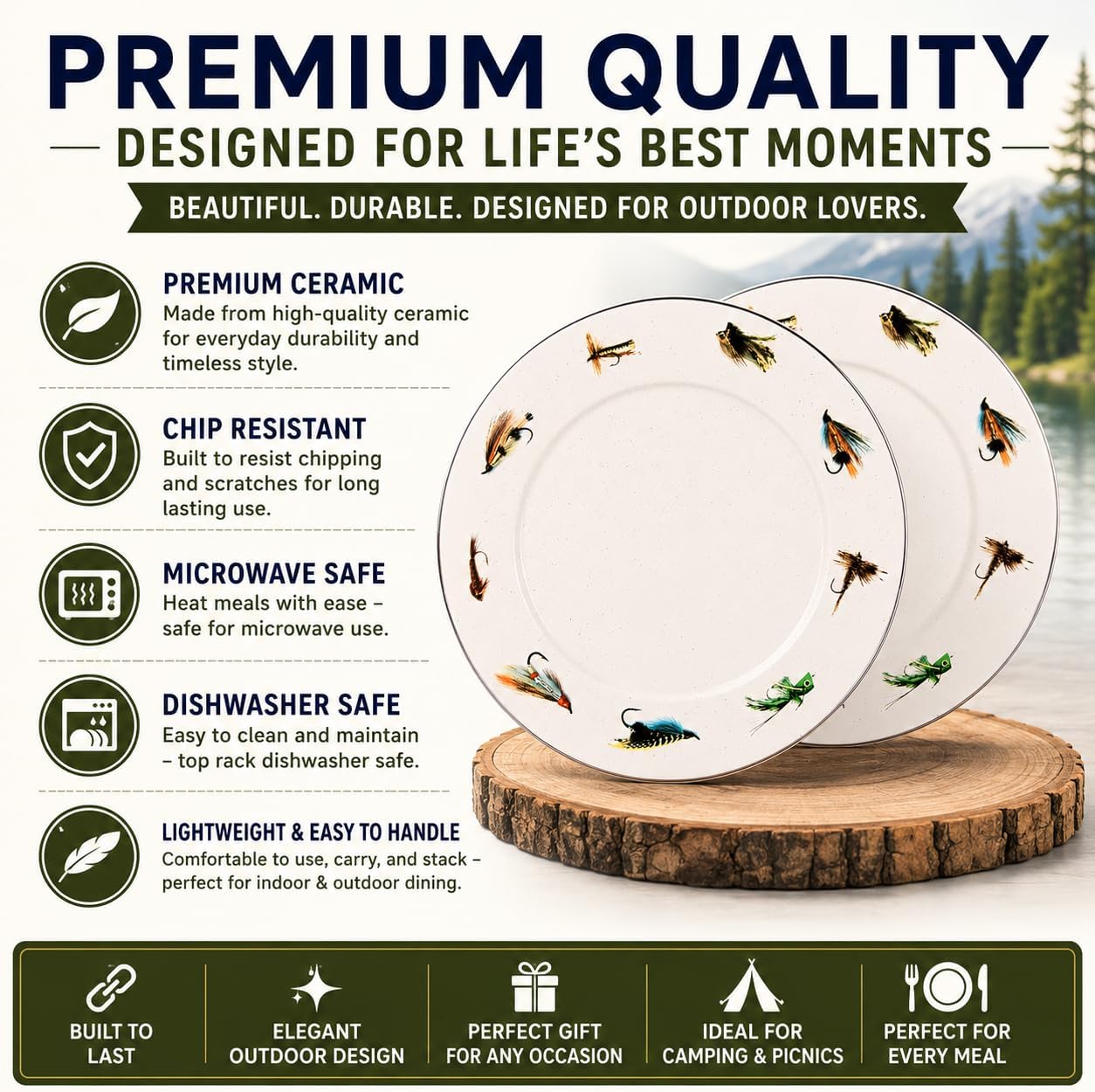 Golden Rabbit Enamelware Chargers, 12.5 inch, Fishing Fly, Set of 2