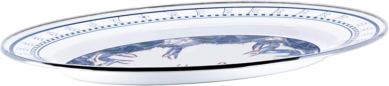 Golden Rabbit Enamelware Oval Platter, 12 x 16in, Blue Crab