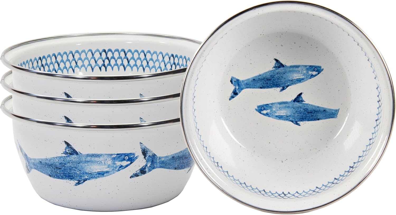 Golden Rabbit Enamelware Salad Bowls, 24 ounce, Fish Camp, Set of 4