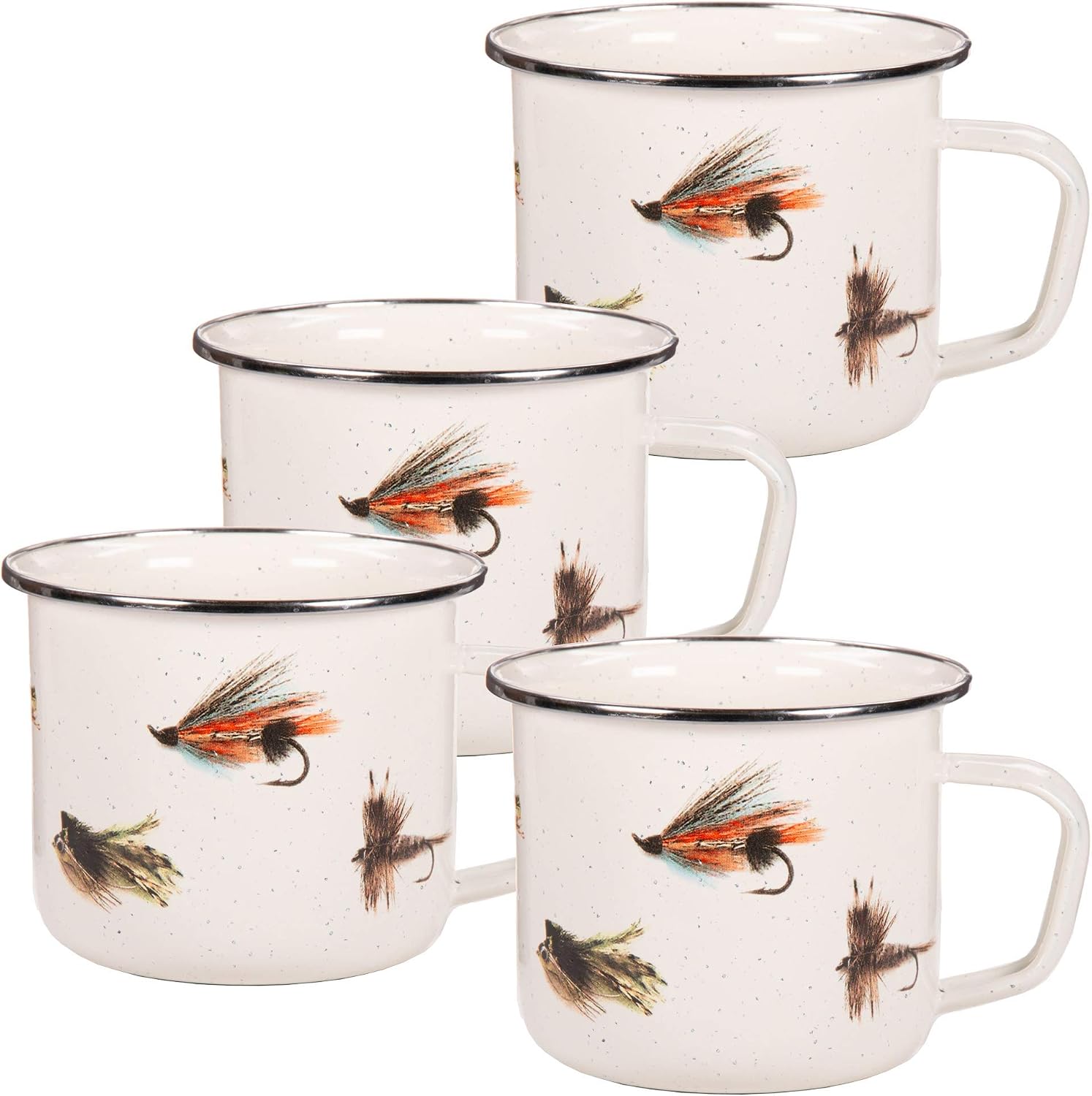 Golden Rabbit Enamelware Grande Coffee or Tea Mugs, 24 ounce, Fishing Fly, Set of 4