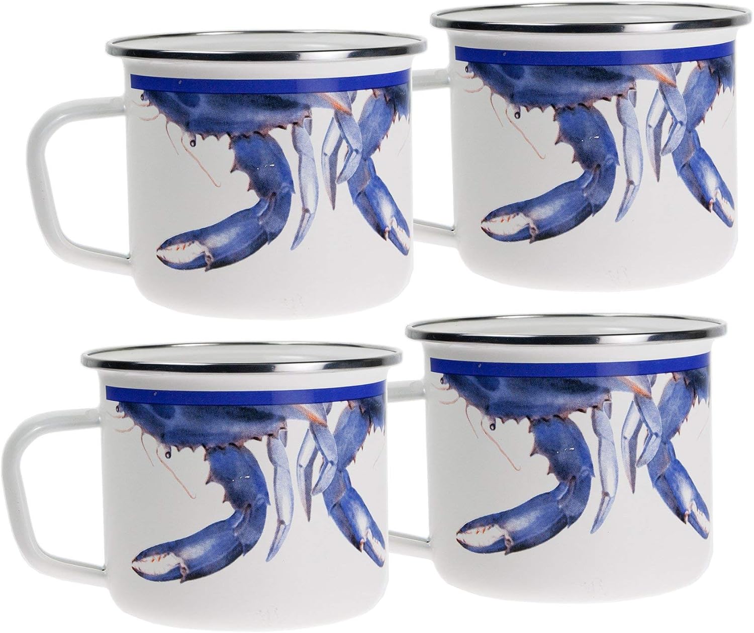 Golden Rabbit Enamelware Grande Coffee or Tea Mugs, 24 ounce, Blue Crab, Set of 4