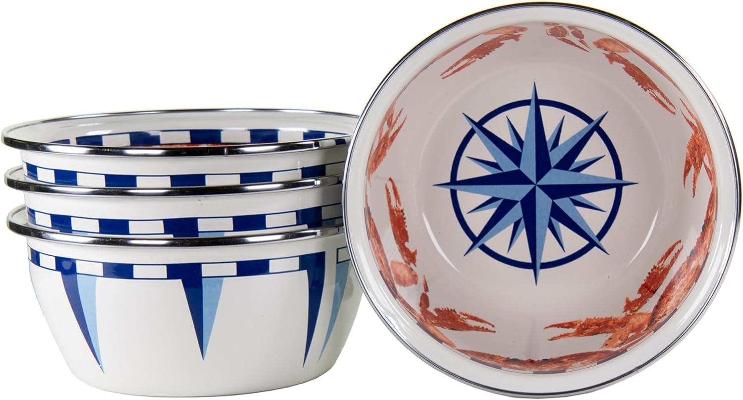 Golden Rabbit Enamelware Salad Bowls, 24 ounce, Crab House, Set of 4