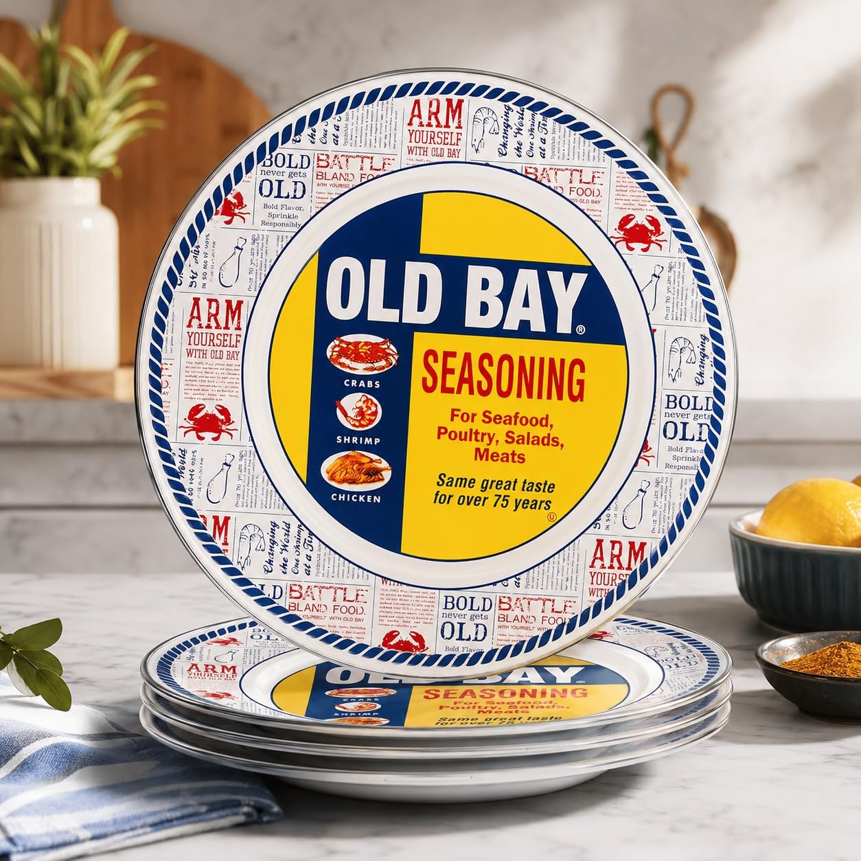 Golden Rabbit Enamelware Dinner Plates, 10.5 inch, Old Bay, Set of 4