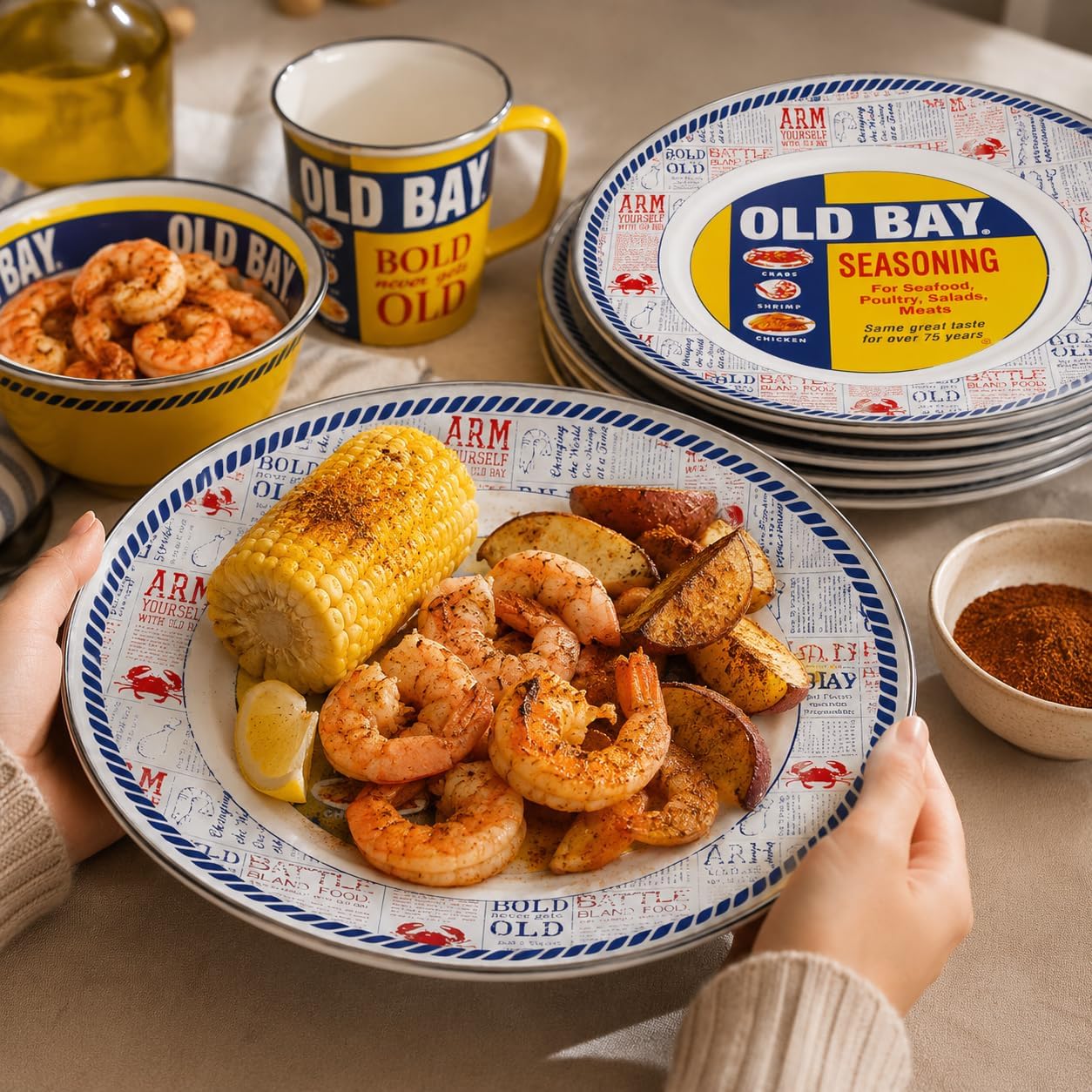 Golden Rabbit Enamelware Dinner Plates, 10.5 inch, Old Bay, Set of 4