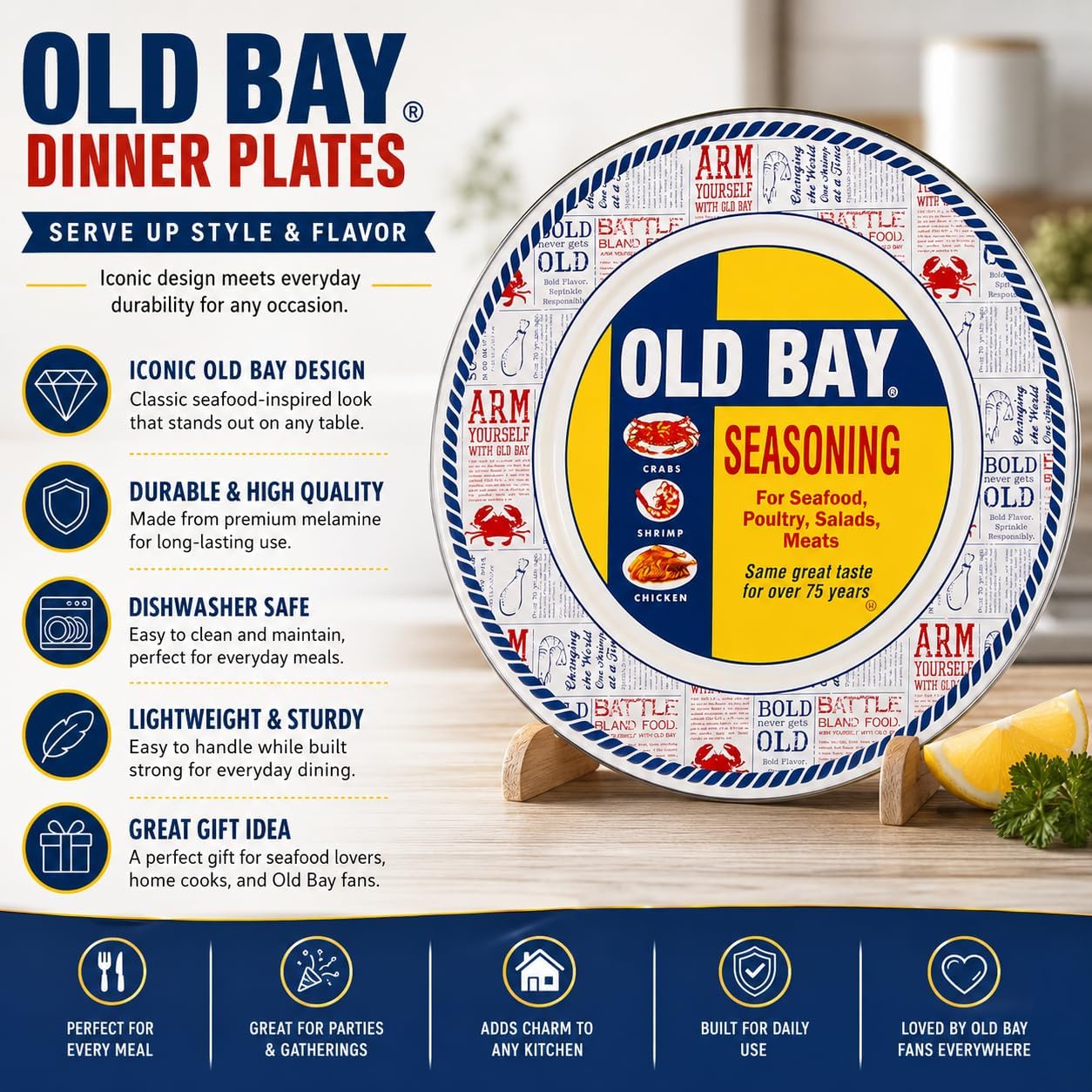 Golden Rabbit Enamelware Dinner Plates, 10.5 inch, Old Bay, Set of 4