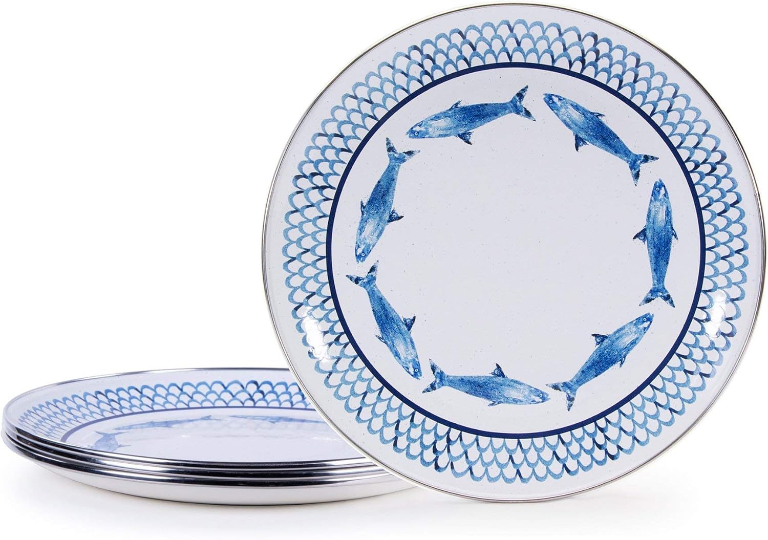 Golden Rabbit Enamelware Dinner Plates, 10.5 inch, Fish Camp, Set of 4