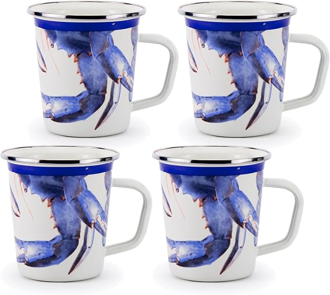 Golden Rabbit Enamelware Latte Coffee or Tea Mugs, 16 ounce, Blue Crab, Set of 4