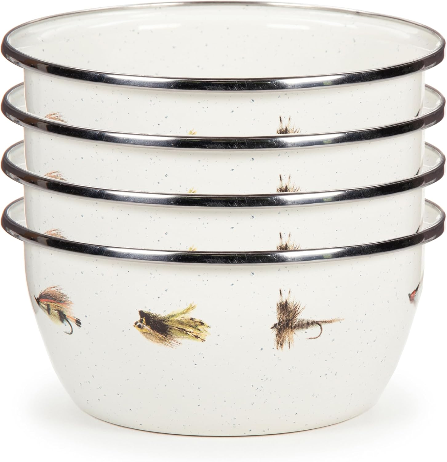 Golden Rabbit Enamelware Salad Bowls, 24 ounce, Fishing Fly, Set of 4