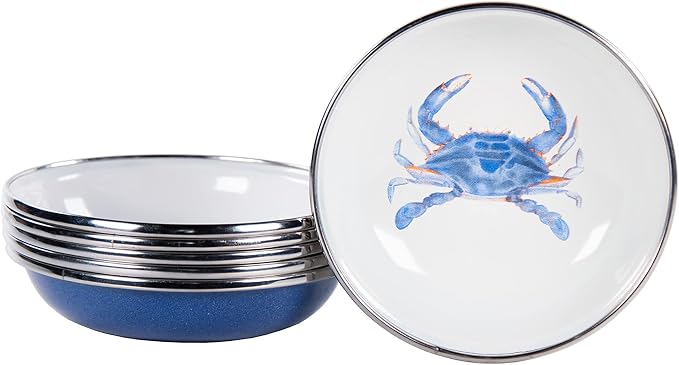 Golden Rabbit Enamelware Tasting Dish Bowls, 4 ounce, Blue Crab, Set of 6