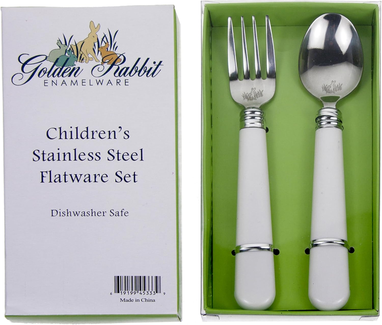 Golden Rabbit Enamelware Flatware Gift Set, Fork and Spoon, Solid White Textured