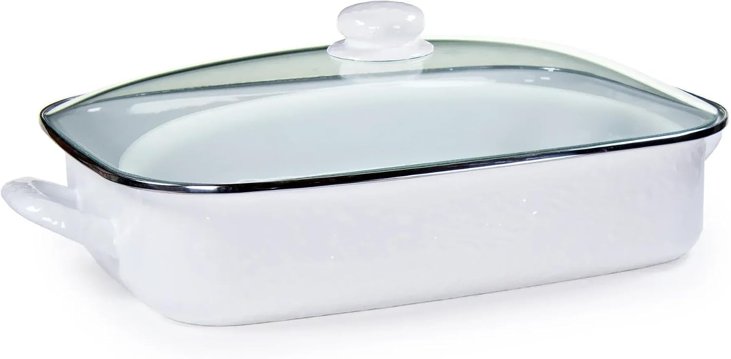 Golden Rabbit Enamelware Roasting Pan with Lid, 10.5 quarts, Solid White Textured