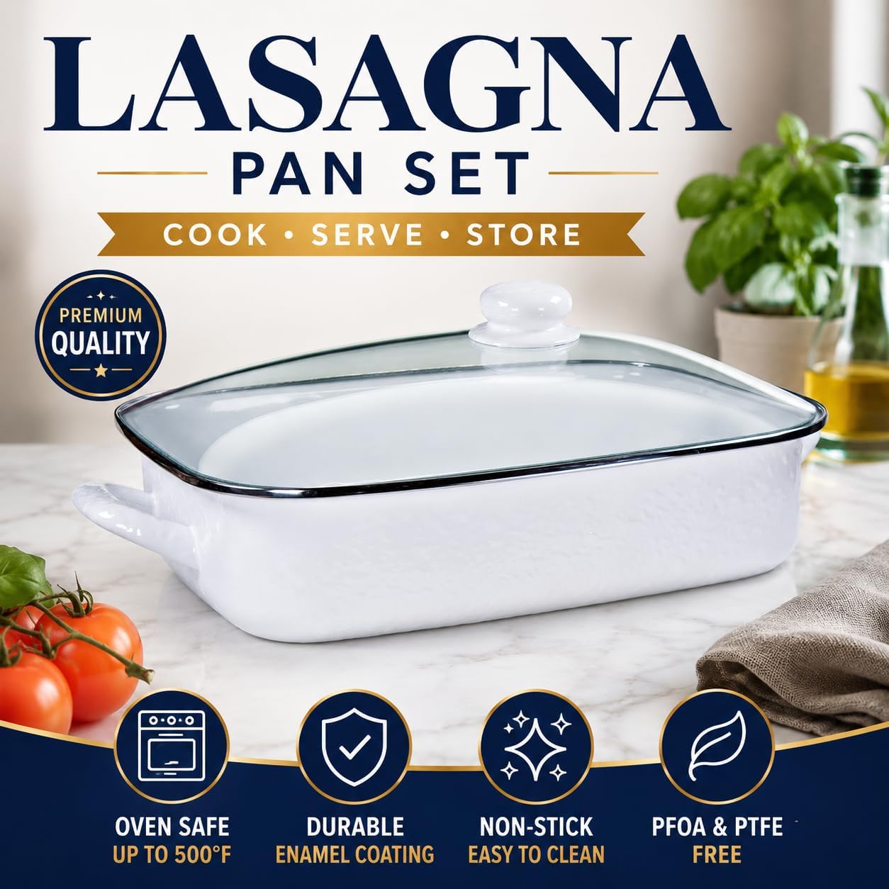 Golden Rabbit Enamelware Roasting Pan with Lid, 10.5 quarts, Solid White Textured