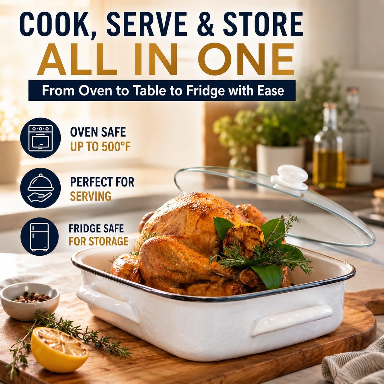 Golden Rabbit Enamelware Roasting Pan with Lid, 10.5 quarts, Solid White Textured