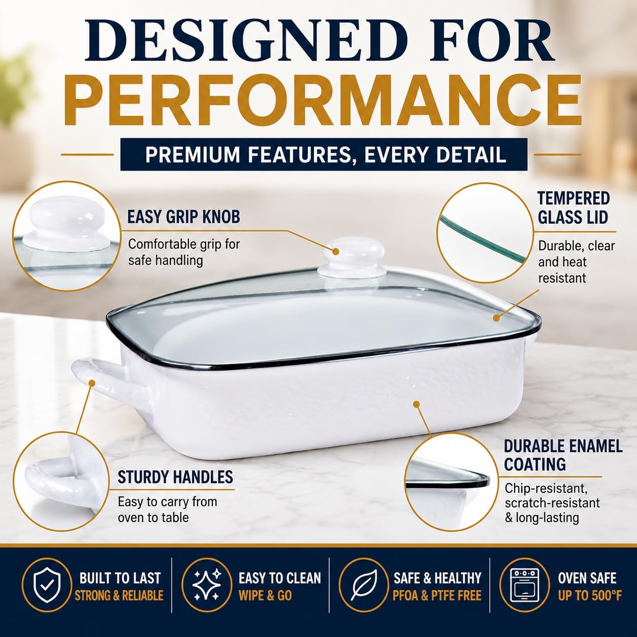 Golden Rabbit Enamelware Roasting Pan with Lid, 10.5 quarts, Solid White Textured
