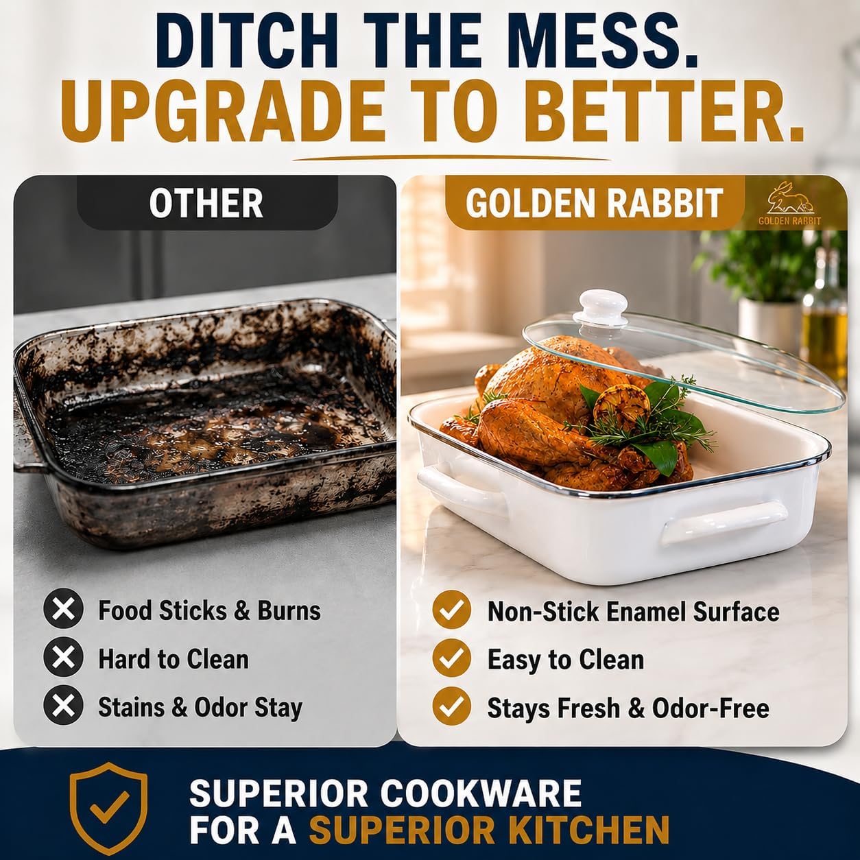Golden Rabbit Enamelware Roasting Pan with Lid, 10.5 quarts, Solid White Textured