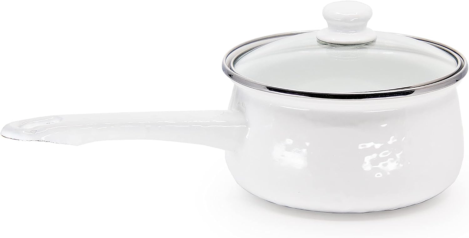 Golden Rabbit Enamelware Sauce Pan with Handle, 5 cup, Solid White Textured