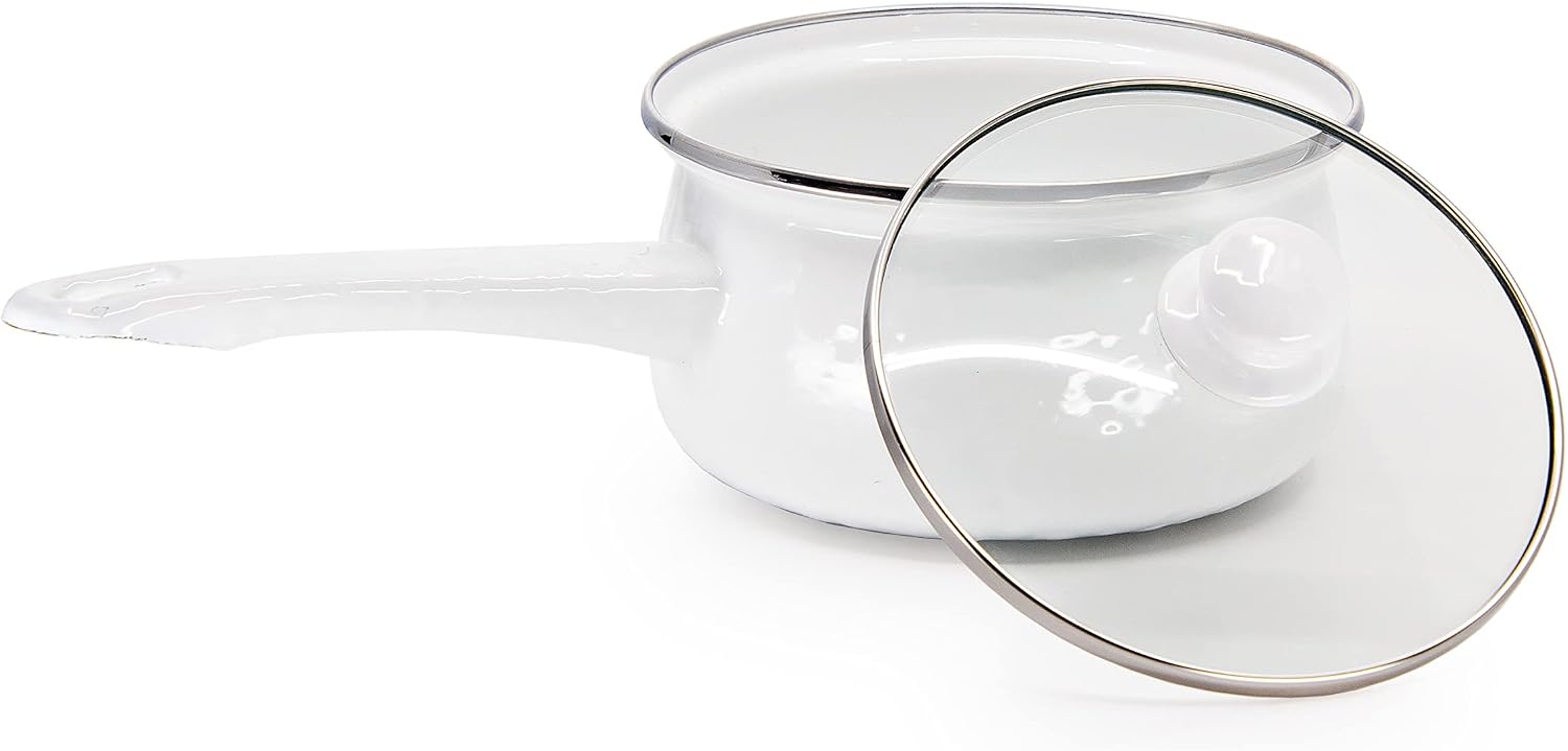 Golden Rabbit Enamelware Sauce Pan with Handle, 5 cup, Solid White Textured
