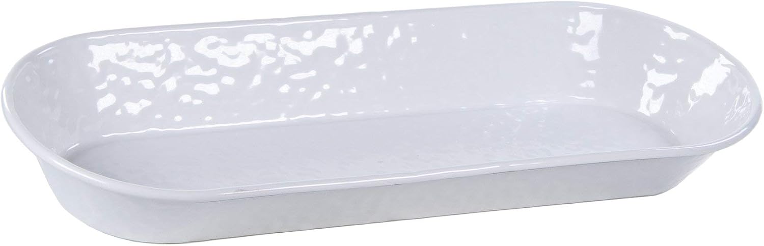 Golden Rabbit Enamelware Oval Basket, 16 x 6 inch, Solid White Textured