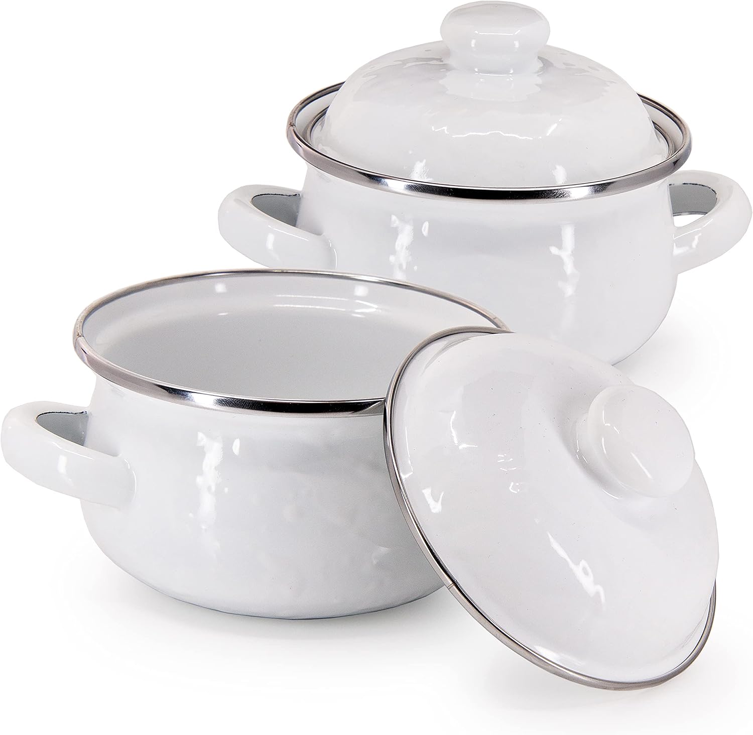 Golden Rabbit Enamelware Petite Tureens Pots, 16 ounce, Solid White Textured, Set of 2