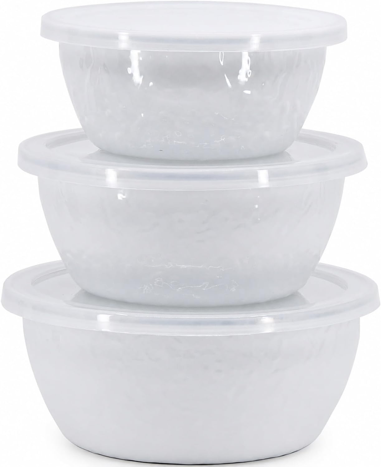 Golden Rabbit Enamelware Nesting Storage Bowls with Lids, Set of 3, Solid White Textured
