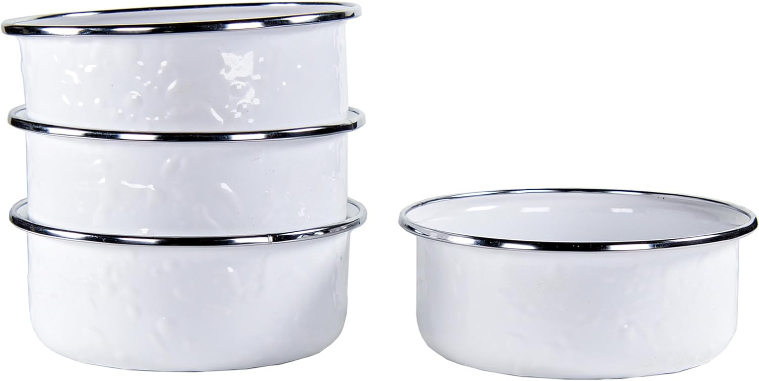 Golden Rabbit Enamelware Soup Bowls with Lids, 14 ounce, Solid White Textured, Set of 4
