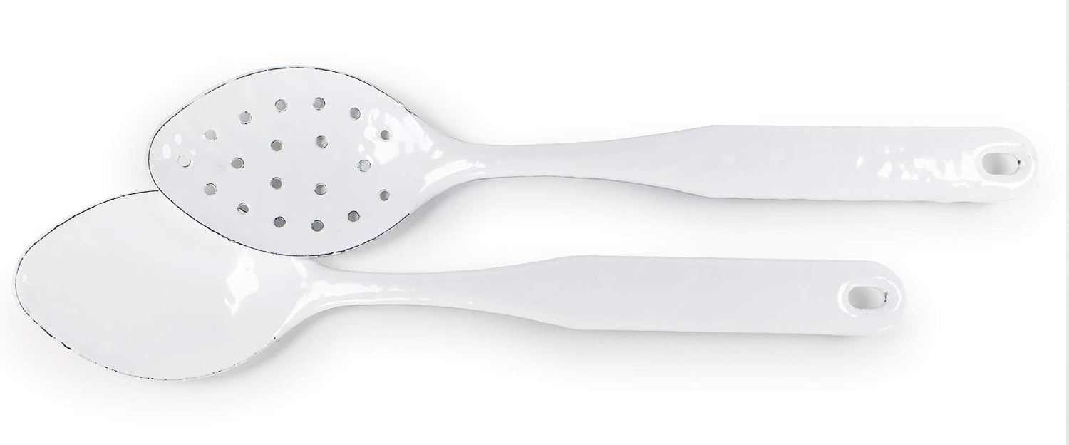 Golden Rabbit Enamelware 2-piece Spoon Set, Slotted and Regular, Solid White Textured