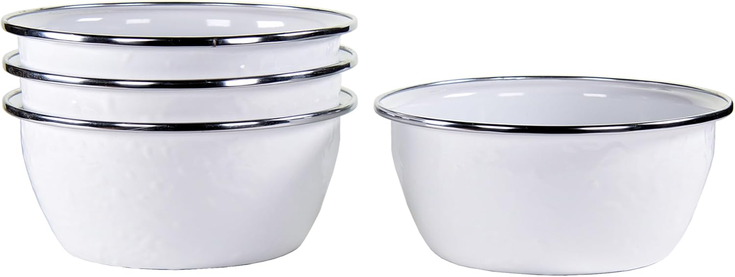 Golden Rabbit Enamelware Salad Bowls, 24 ounce, Solid White Textured, Set of 4