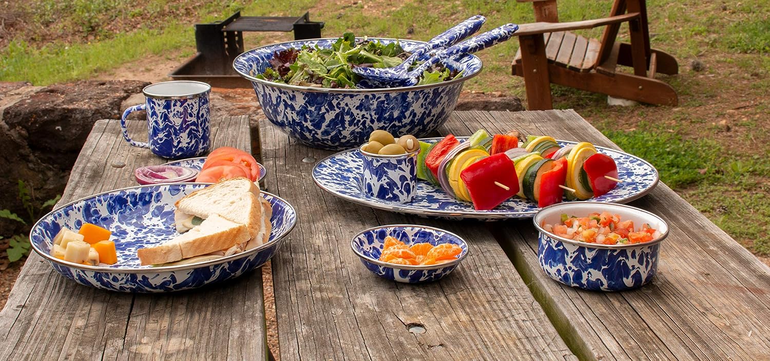 Golden Rabbit Enamelware Pasta Plates, 10 inch, Cobalt Swirl, Set of 4