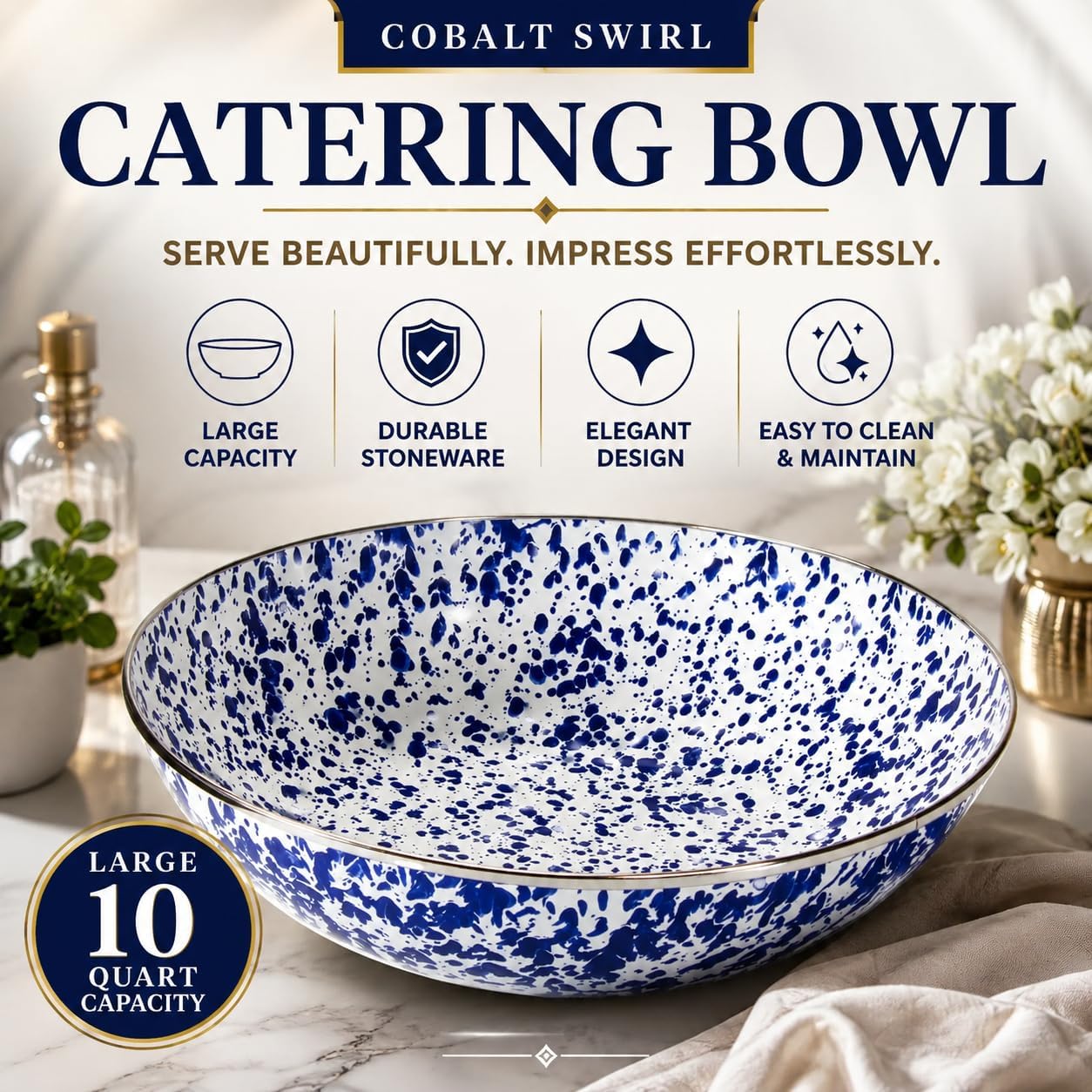 Golden Rabbit Enamelware Catering Bowl, 5 quart, Cobalt Swirl