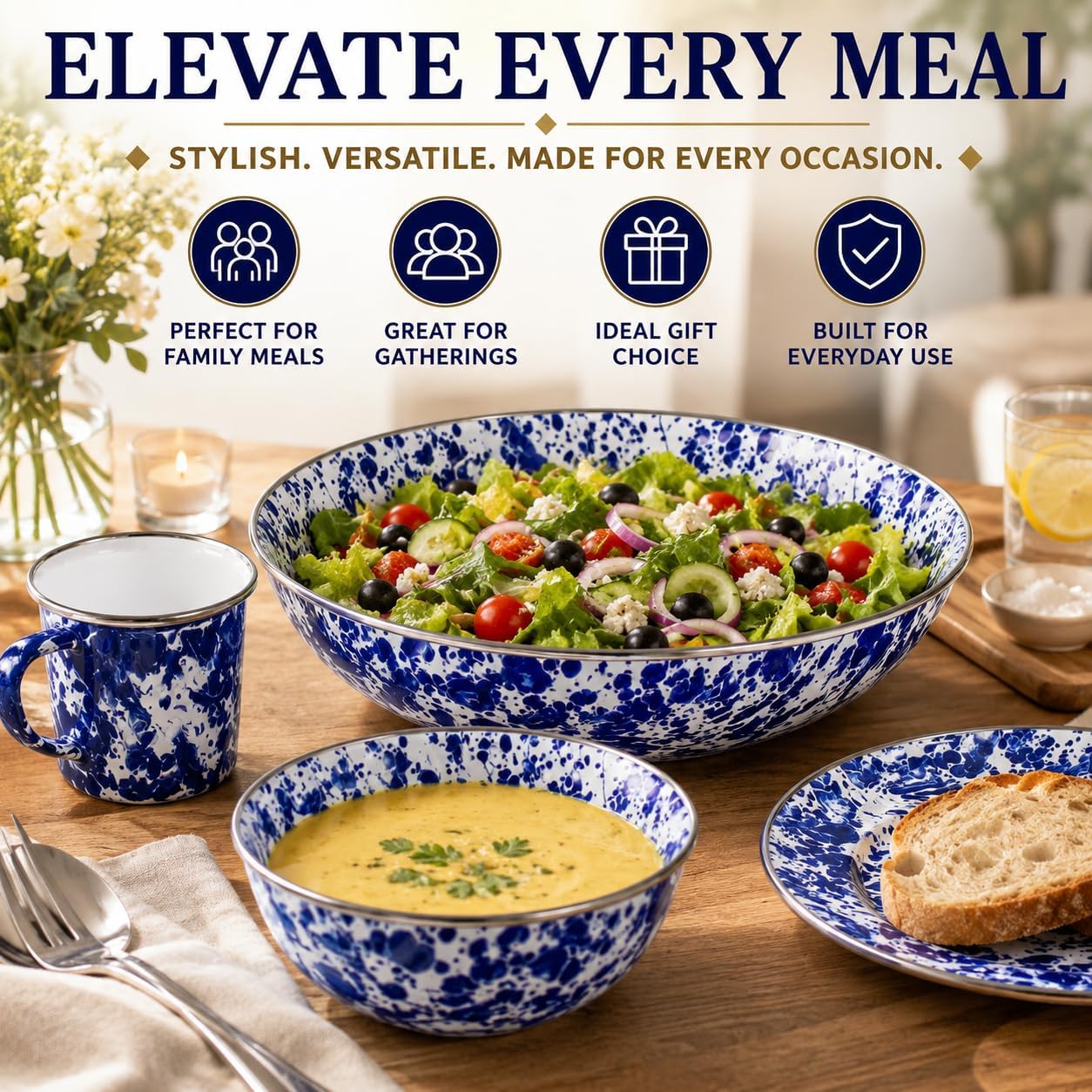 Golden Rabbit Enamelware Catering Bowl, 5 quart, Cobalt Swirl
