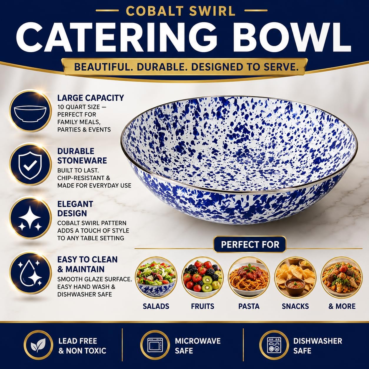 Golden Rabbit Enamelware Catering Bowl, 5 quart, Cobalt Swirl