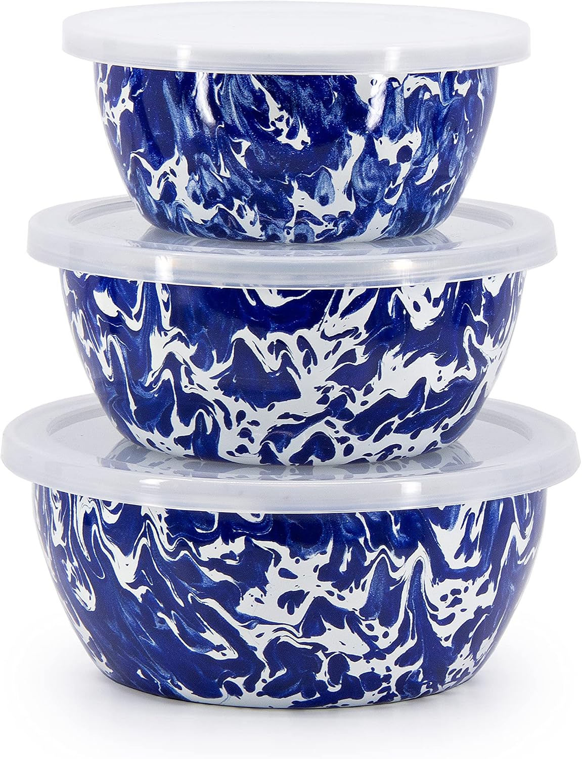 Golden Rabbit Enamelware Nesting Storage Bowls with Lids, Set of 3, Cobalt Swirl