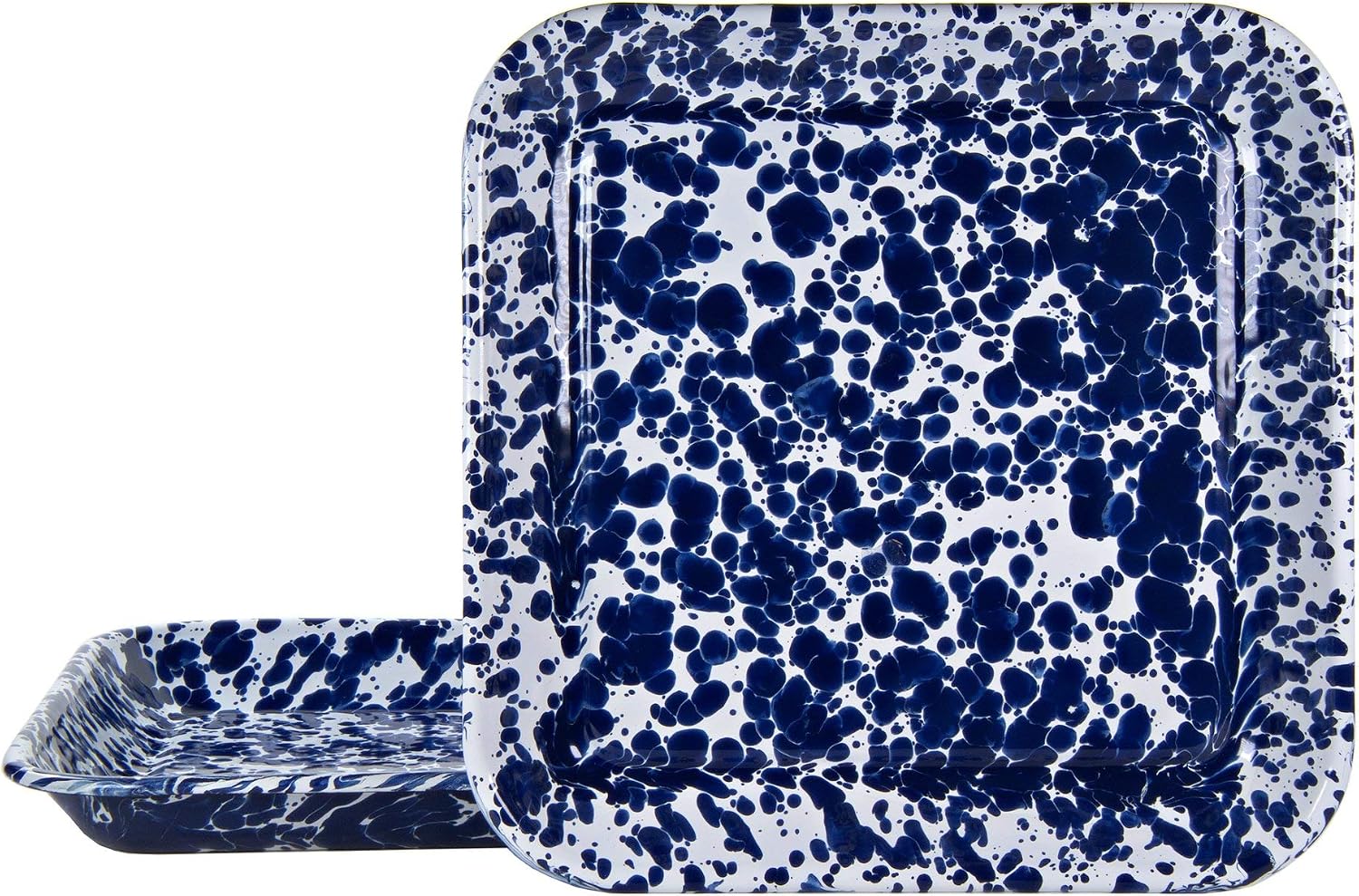 Golden Rabbit Enamelware Square Plates, 10.5 inch, Cobalt Swirl, Set of 2