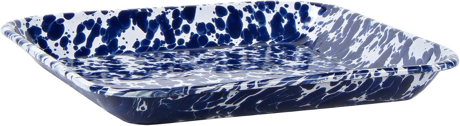 Golden Rabbit Enamelware Square Plates, 10.5 inch, Cobalt Swirl, Set of 2