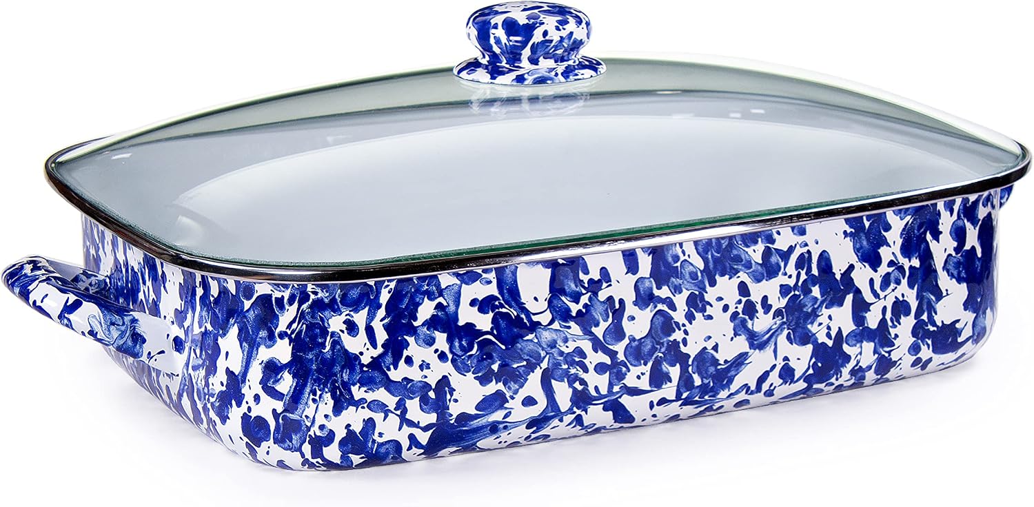 Golden Rabbit Enamelware Roasting Pan with Lid, 10.5 quarts, Cobalt Swirl
