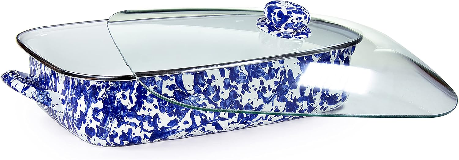 Golden Rabbit Enamelware Roasting Pan with Lid, 10.5 quarts, Cobalt Swirl