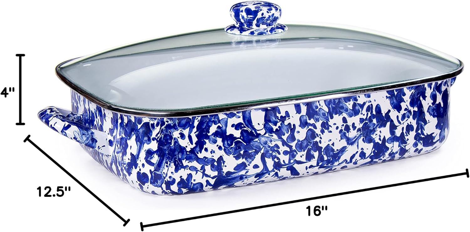 Golden Rabbit Enamelware Roasting Pan with Lid, 10.5 quarts, Cobalt Swirl