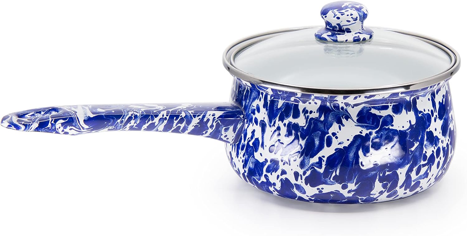 Golden Rabbit Enamelware Sauce Pan with Handle, 5 cup, Cobalt Swirl