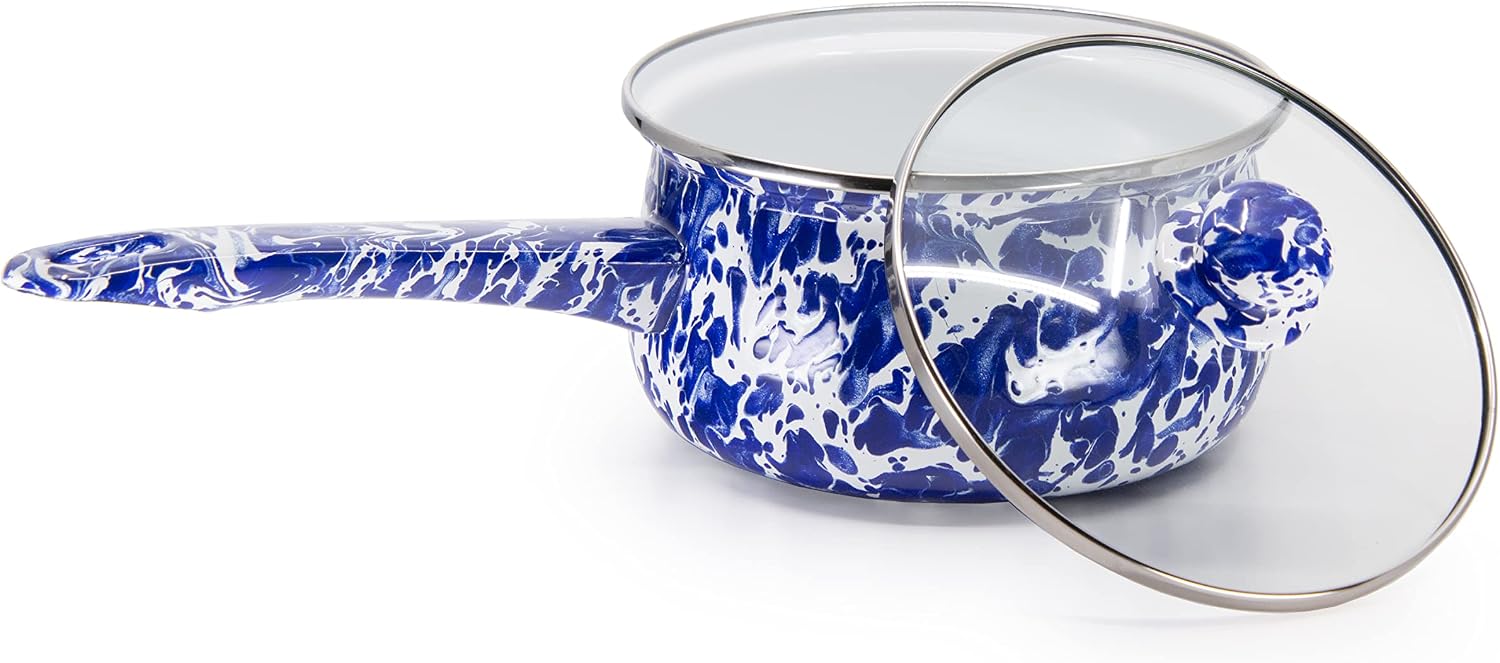 Golden Rabbit Enamelware Sauce Pan with Handle, 5 cup, Cobalt Swirl