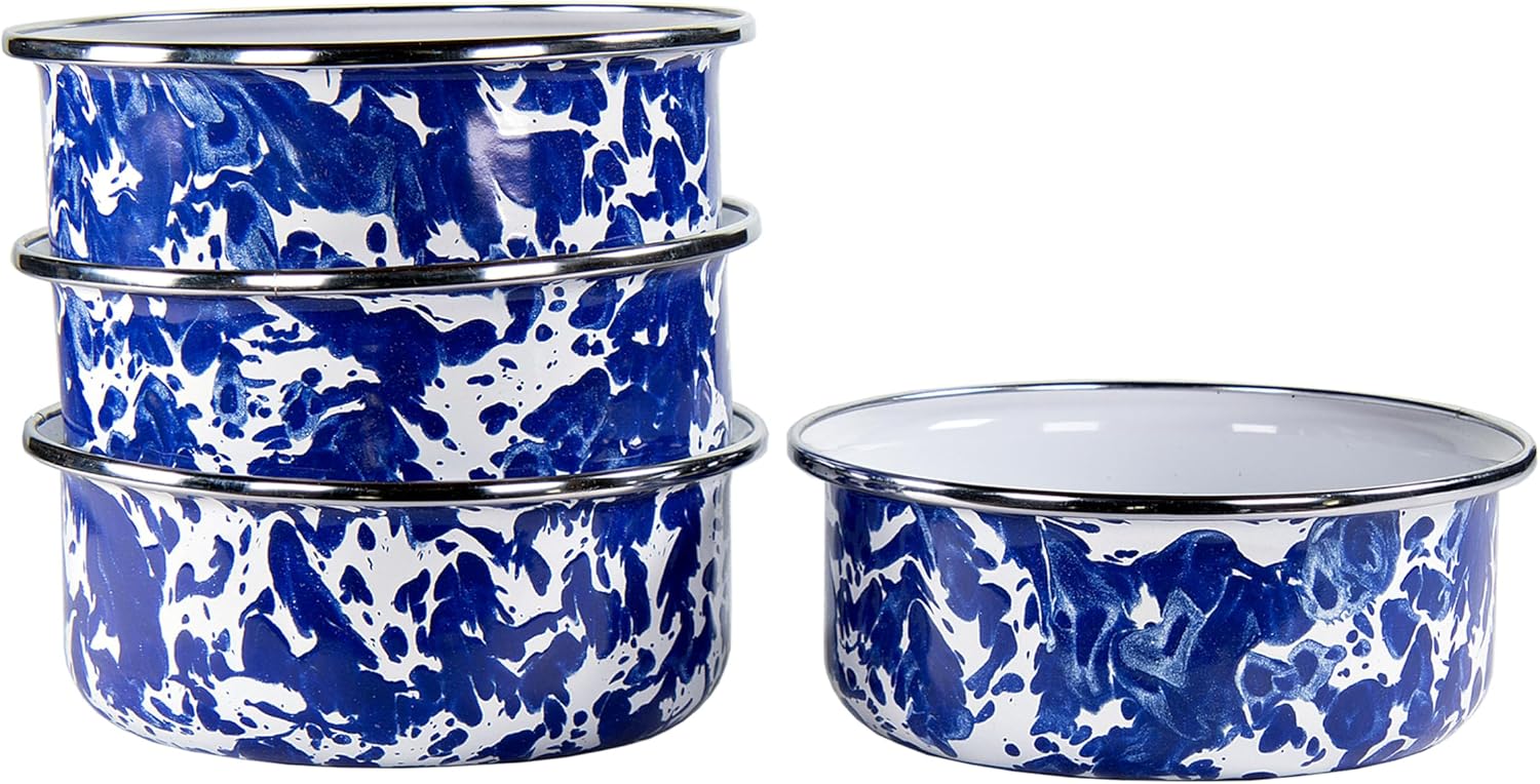 Golden Rabbit Enamelware Soup Bowls with Lids, 14 ounce, Cobalt Swirl, Set of 4