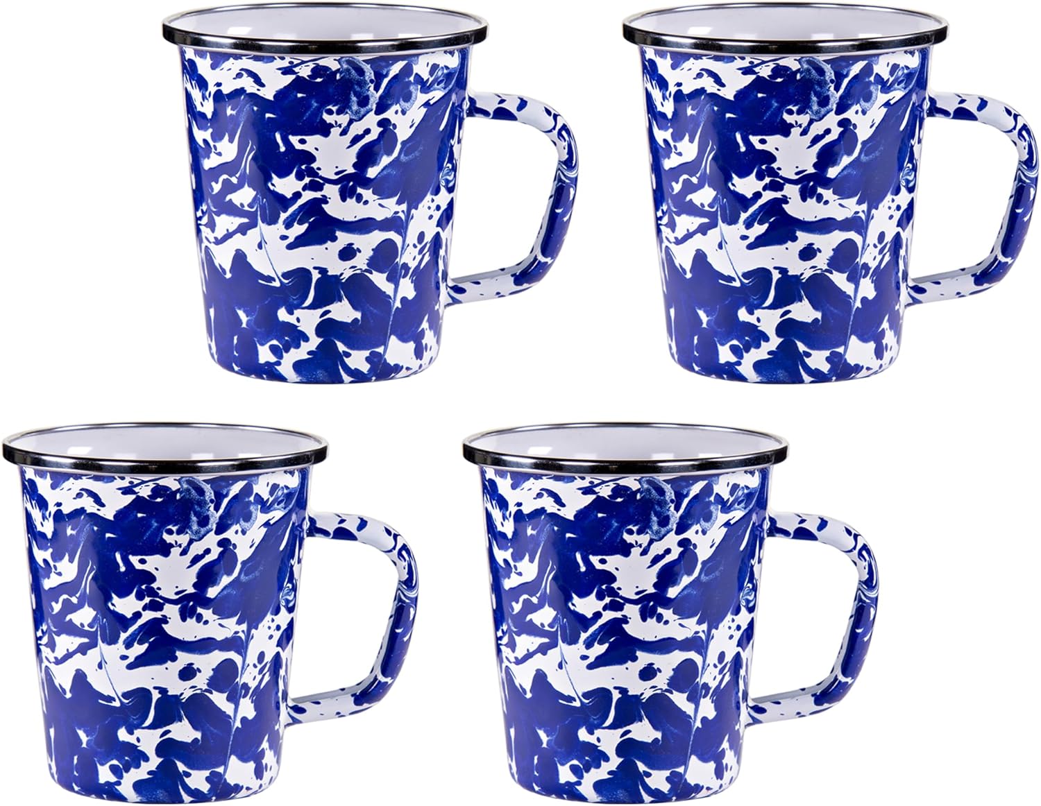 Golden Rabbit Enamelware Latte Coffee or Tea Mugs, 16 ounce, Cobalt Swirl, Set of 4